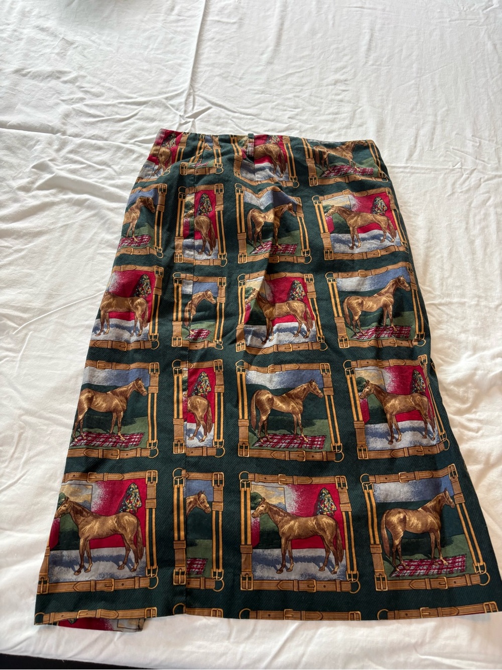 Vintage 100% Cotton Classic Equestrian Print Midi Skirt - Green & Gold
